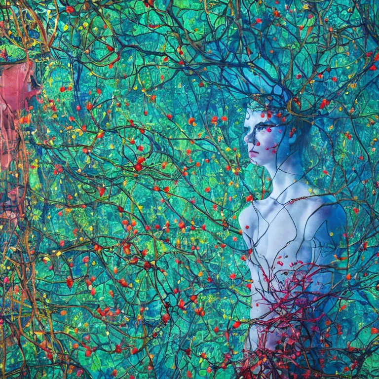 Prompt: human with the sea and the forest inside, veins diverge through the body like rivers filmed on a satellite, a person is decorated with wild berries, a beautiful bird is looking at him next, colorful picture