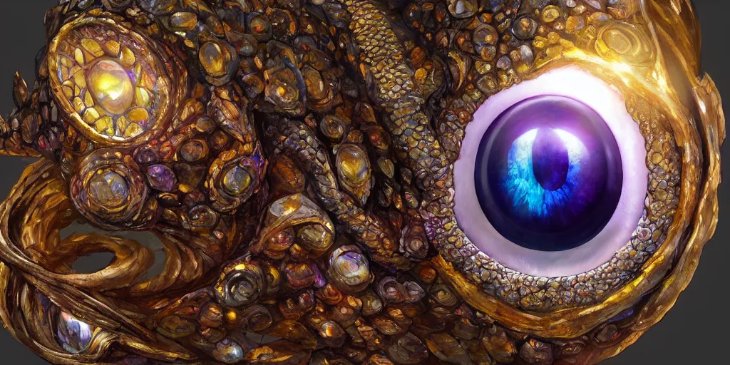 Prompt: A beautiful detailed painting of a crystal dragon eye with shiny scales, geode, quartz, amethyst. John Howe, Andreas Rocha, dynamic lighting, dramatic lighting, cinematic lighting, sharp, reflective, unreal engine, featured on artstation, physically based rendering, polarizer filter