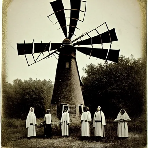 Image similar to an 1800s photo of a windmill. Cult worshippers in robes.