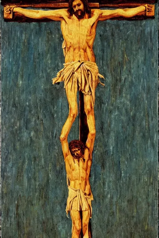 Image similar to christ crucified looking like a big mushroom painted in by cy twombly and andy warhol