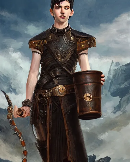 Image similar to Young man, lanky, pale, short black hair, wearing armor made of leather, holding a tankard of ale, digital art, realistic, detailed, trending on artstation, sea in the background