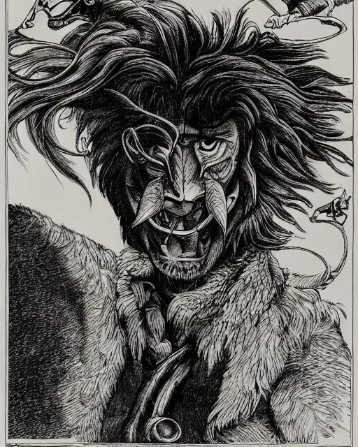 Image similar to a creature with the body and eyes of a man, with the beak of an eagle, the mane of a lion, and the horn of a bull. drawn by moebius