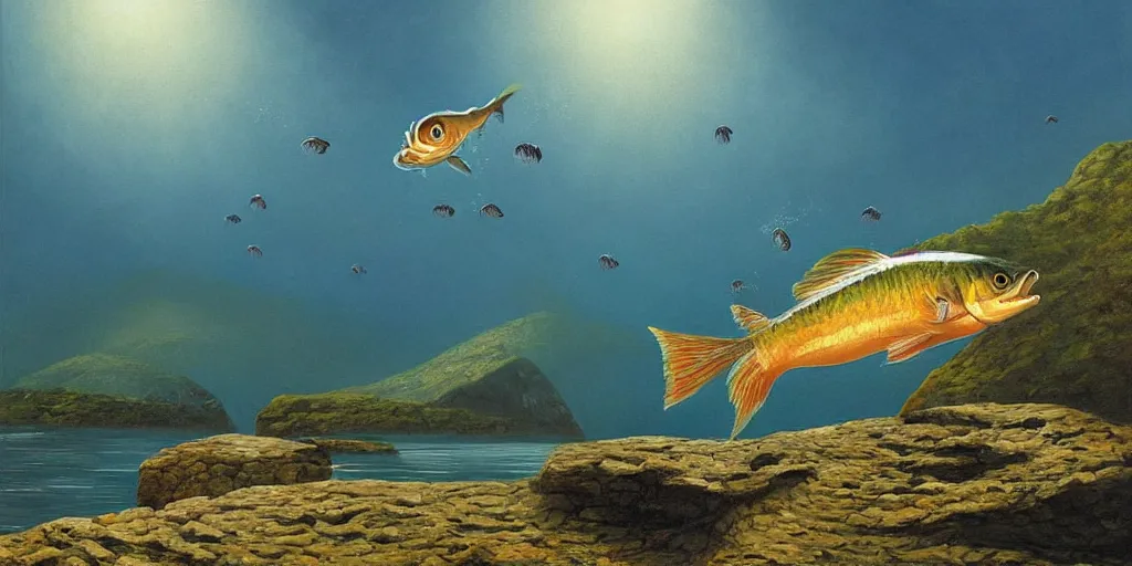 Image similar to A fish jumping out of water in the bay of kotor, by Vladimir Kush, Mark Arian