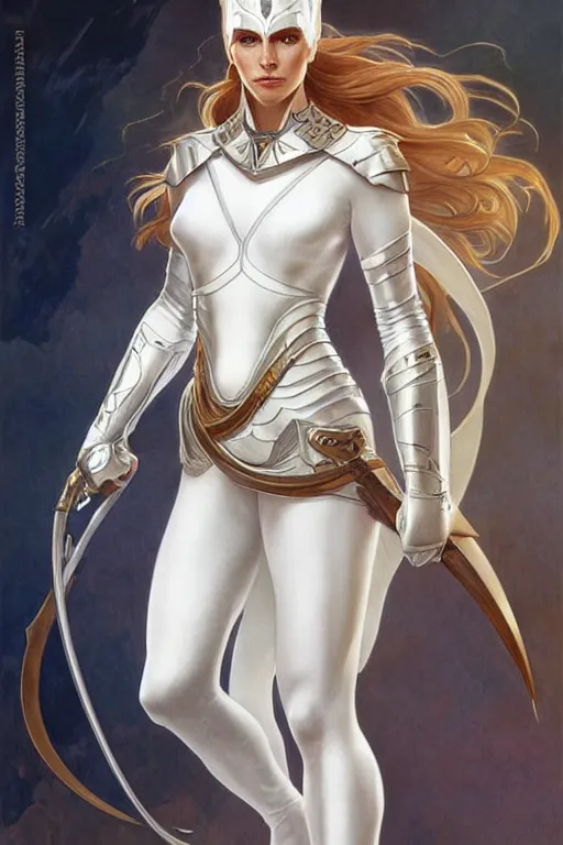 Image similar to portrait of strong caracal wearing white clothes. smooth silver armour, deep focus d & d fantasy, elegant porcelain highlights, by artgerm and greg rutkowski and alphonse mucha