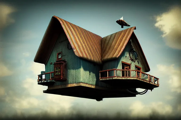 Image similar to photorealistic flying house, many details, Ultra detailed, octane render, by Alexander Jansson