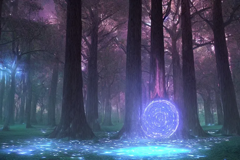 Prompt: A cosmic portal inside an enchanted forest. Cinematic lighting. Photorealism.