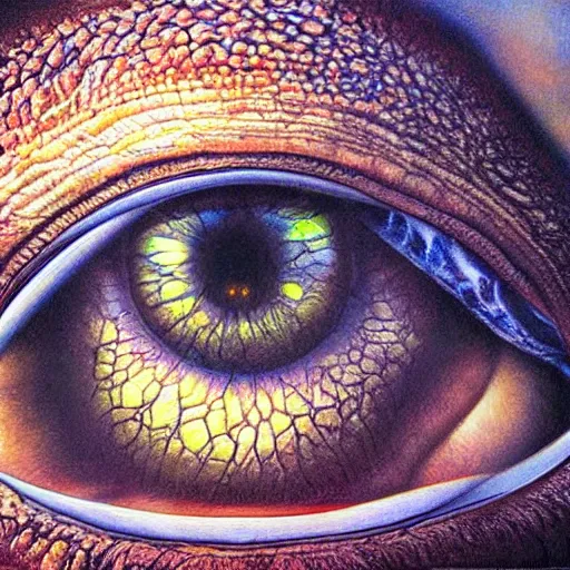 Prompt: hyperrealism photo - realistic lifelike photography photorealistic hyperrealism realistical close - up of an eyeball and inside the pupil is a mountain range landscape and scenery highly detailed ultra psychedelic by alex grey greg rutowski james gurney gustave dore michaelangelo davinci