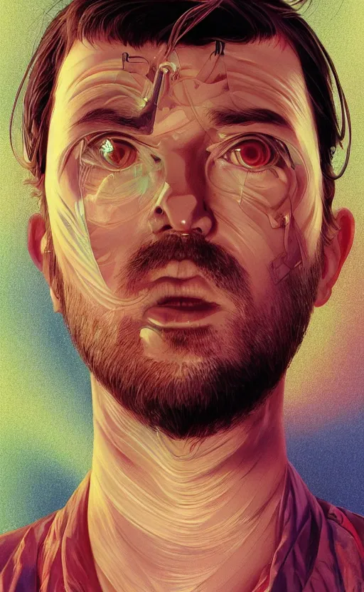 Prompt: upper half portrait of a man with spiral eyes droolingn inside of a distorted tv reality - in drew struzan movie poster style, art by drew struzan & hsiao - ron cheng, highly detailed, digital painting, ray tracing, illustration, smooth, sharp focus, intricate, symmetry, artstation,