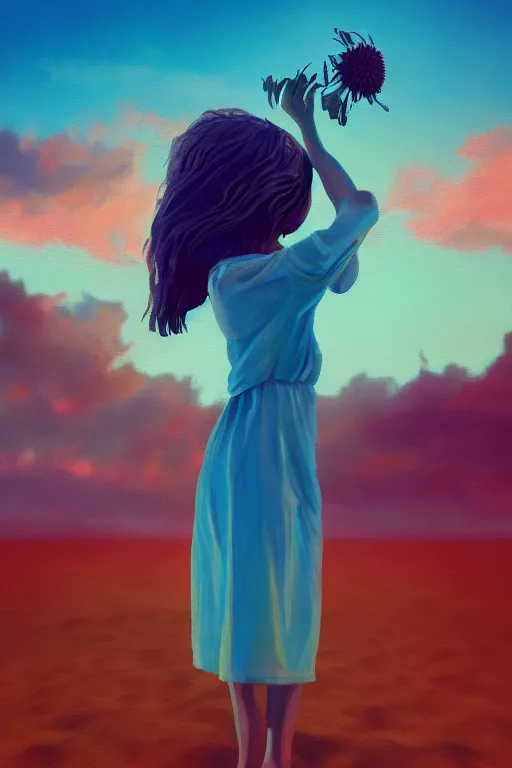 Image similar to closeup giant dahlia flower head, girl standing on beach, surreal photography, blue sky, sunrise, dramatic light, impressionist painting, digital painting, artstation, simon stalenhag