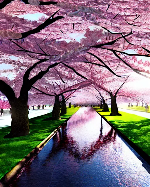 Prompt: hyperrealistic matte painting of cherry blossoms melting! goo! robert steven connett hard daylight 8k high angle shallow depth of field