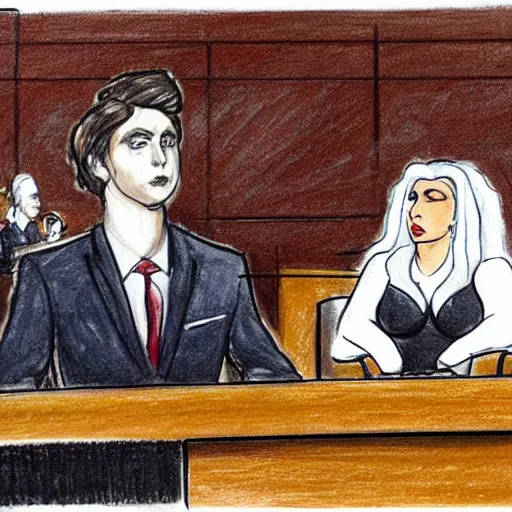 Image similar to courtroom sketch of lady gaga in the witness stand pointing at the hamburgler who is sitting at the defendant ’ s table