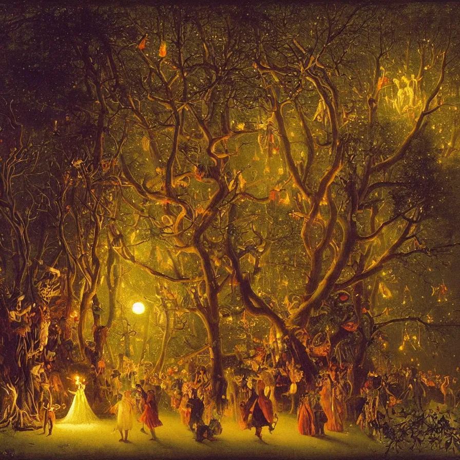 Image similar to a night carnival around a magical tree cavity, with a surreal orange moonlight and fireworks in the background, next to a lake with iridiscent water, christmas lights, folklore animals and people disguised as fantastic creatures in a magical forest by summer night, masterpiece painted by carl spitzweg, dark night environment