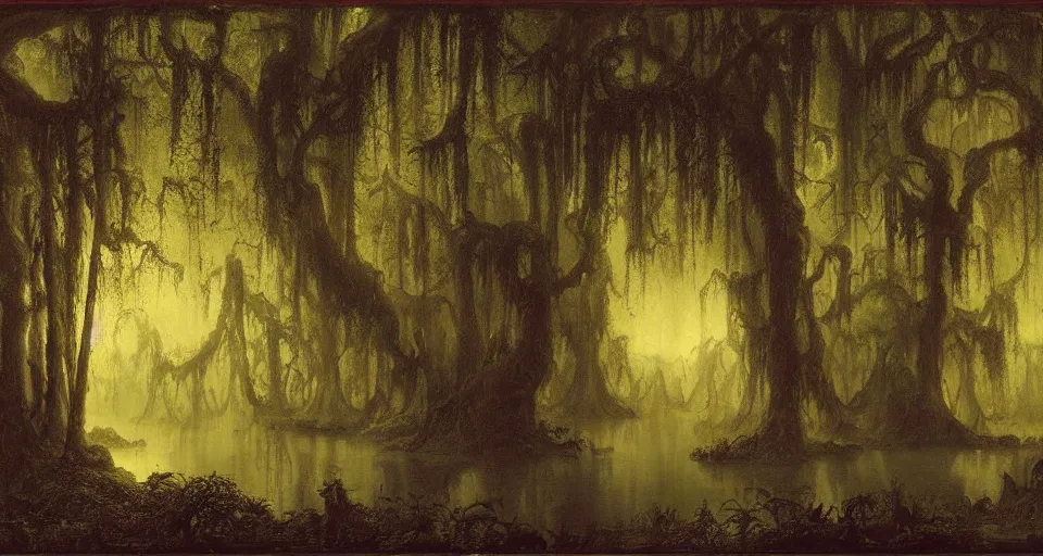 Image similar to A dense and dark enchanted forest with a swamp, by John Martin