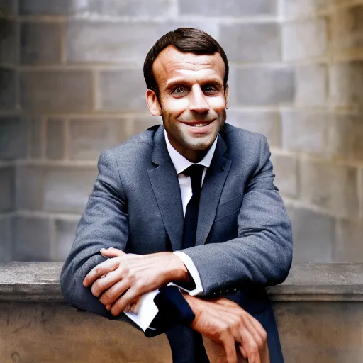 Prompt: close up portrait of emmanuel macron sitting in a tower high above the people laughing, photograph, natural light, sharp, detailed face, magazine, press, photo, steve mccurry, david lazar, canon, nikon, focus