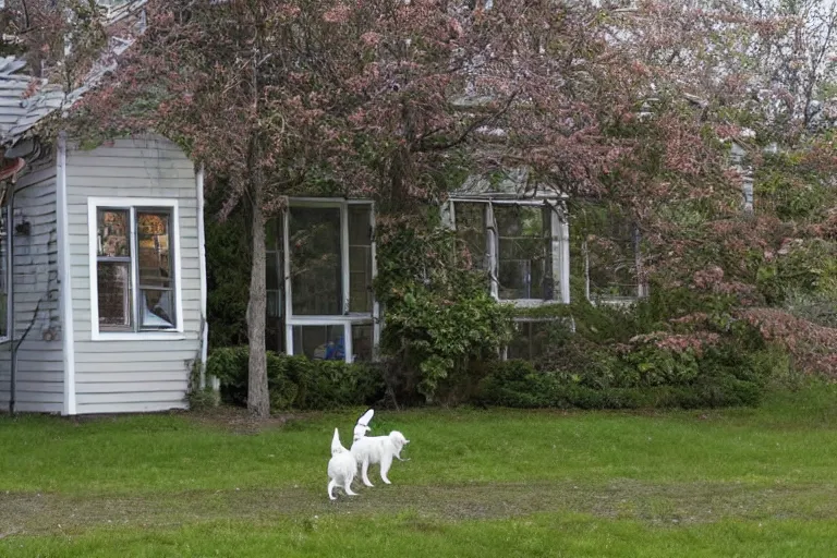 Prompt: the old lady across the street is walking her three tiny white dogs on leashes. she is sour and dour, and angry. she is looking down. she has gray hair. she is wearing a long gray cardigan and dark pants. green house in background. large norway maple tree in foreground. view through window.