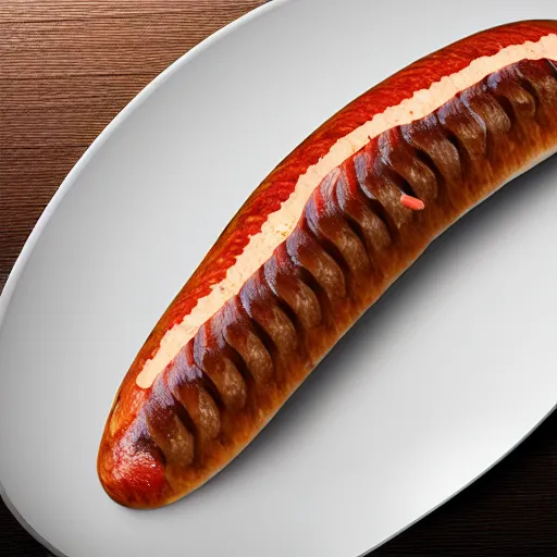 Image similar to photorealistic, half fish half sausage on a plate. sausage with the fins of a fish