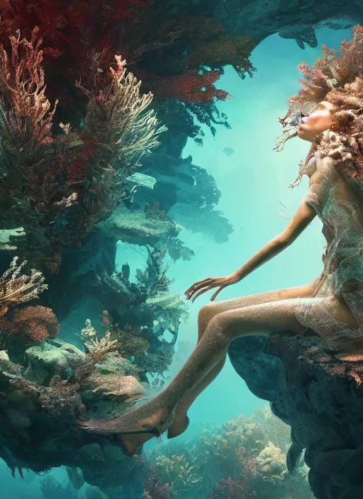 Image similar to beauteous underwater biomechanical incredible hair, crystalline masterpiece incrustations, hyperdetailed face, flippered feet, elegant pose, movie still, intricate, octane render, cinematic forest lighting, cgsociety, unreal engine, crepuscular rays, god rays, caustic shadows lighting