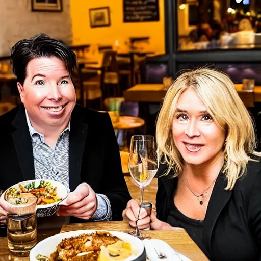 Image similar to portait of michael mcintyre and middle aged blonde woman with short hair and a blonde woman with long hair having dinner at sunday in brooklyn restaurant, photo