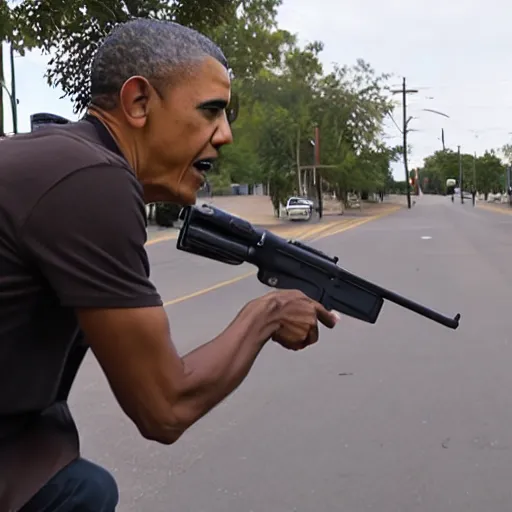 Image similar to angry barack obama shooting and terrorizing people in the hood, 8k resolution, full HD, cinematic lighting, award winning, anatomically correct