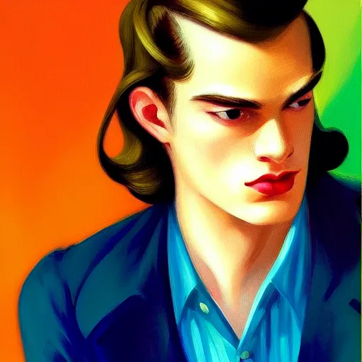 Prompt: A beautiful close-up of a young man, his hairstyle long hair pushed back, dressed like in the 1940s, digital art by Edward Hopper, vibrant color scheme, highly detailed, in the style of romanticism, fine Art, high detail, great lighting, 8k resolution, masterpiece, concept art, illustration, clear eyes, soft lighting, soft details, painting oil on canvas, octane render, HDR, trending on artstation, 4k, 8k, HD