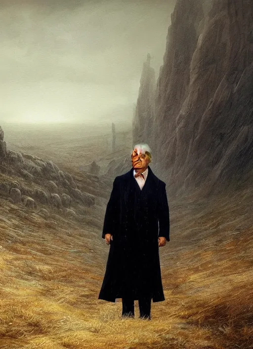 Image similar to portrait of donald trump in anguish a desolate misty landscape, closeup, painted by caspar david friedrich and greg rutkowski