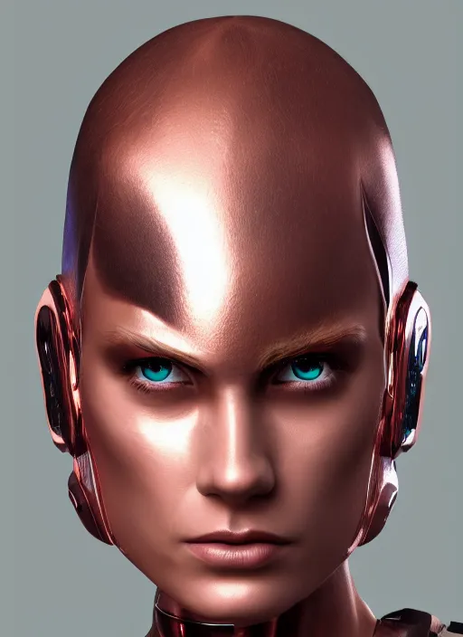 Prompt: cyborg fashion shot, cyber copper hairdo, headshot half figure, photorealistic, unreal engine, trending on artstation,