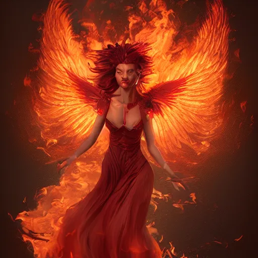 Image similar to detailed portrait of a fiery phoenix woman rising from fire spreading her wings with fiery marks all across her body, magically, magic, fire, realism, ruby, sunlit, dark fantasy, dramatic lighting, cgsociety, artstation