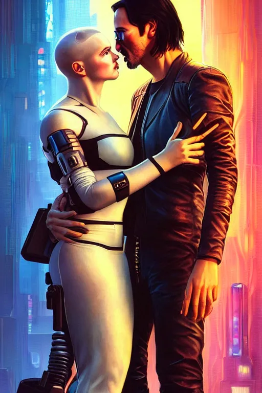 Image similar to a cyberpunk 2077 couple portrait of Keanu Reeves & female android final kiss in the night city,love,art by John Collier and Albert Aublet and Krenz Cushart and Artem Demura and Alphonse Mucha,John Wick,Replicas,artstation,deviantart,FAN ART,Digital painting,face enhance,highly detailed,8K,octane,golden ratio,cinematic lighting