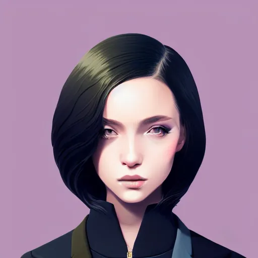 Image similar to young female in black jacket suit, muted colors, matte print, pastel colors, 2d, ultra highly detailed, smooth, sharp focus, digital art, digital painting, fan art, elegant, artstation, head is centered, by Ilya Kuvshinov