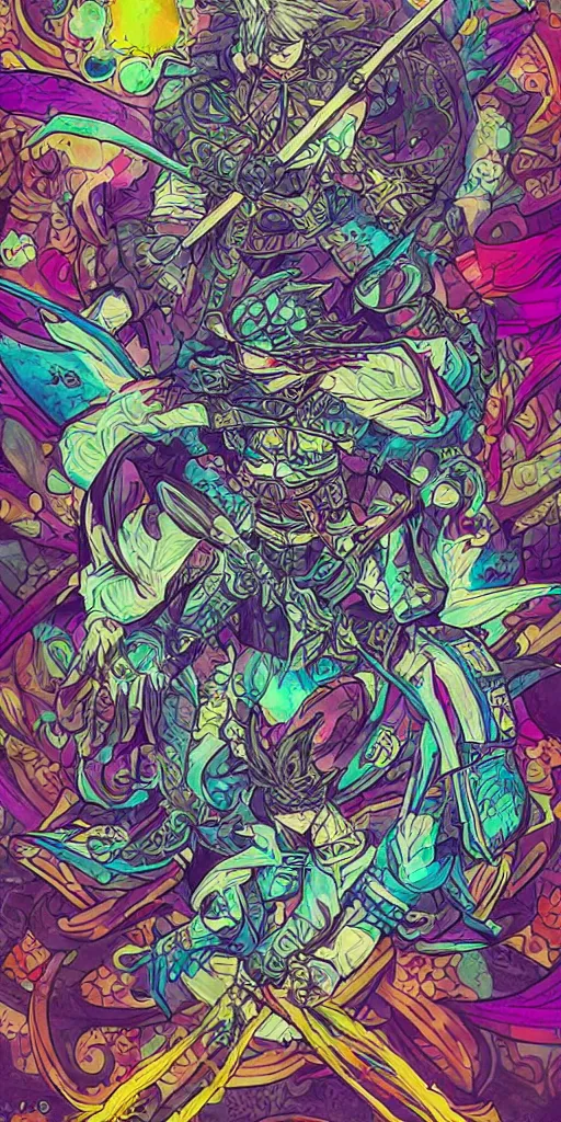 Image similar to a ninja from final fantasy 14, intricate, amazing line work, cosmic, psychedelic, cheerful, colorful, tarot cards,