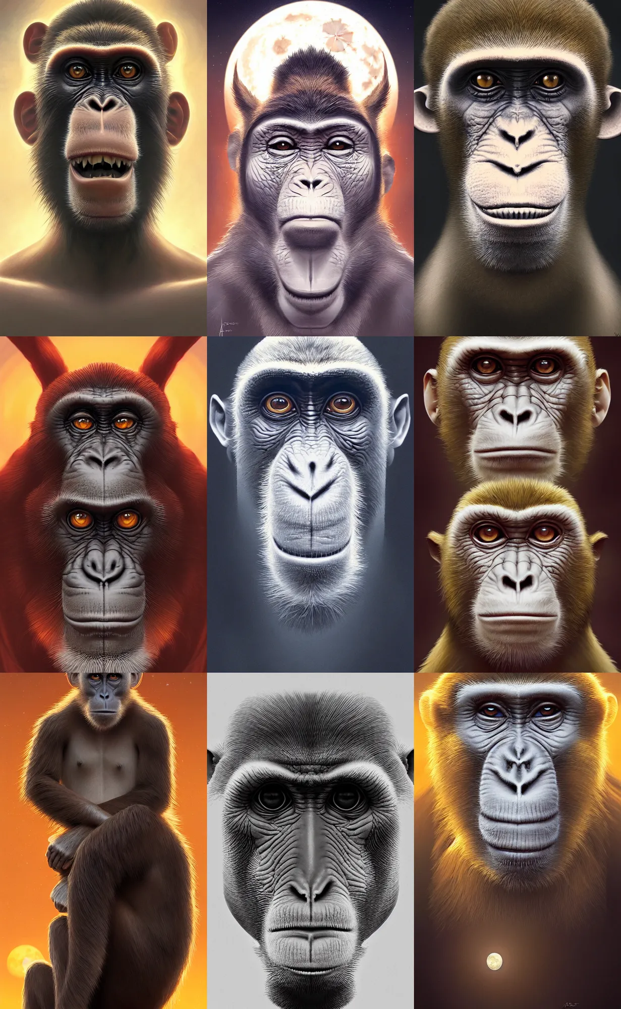 Prompt: symmetry!! ultra realistic portrait of monkey made of bone! moon in background, intricate, elegant, highly detailed, digital painting, artstation, concept art, smooth, sharp focus, illustration, art by artgerm and ross tran and greg rutkowski and alphonse mucha, 8 k