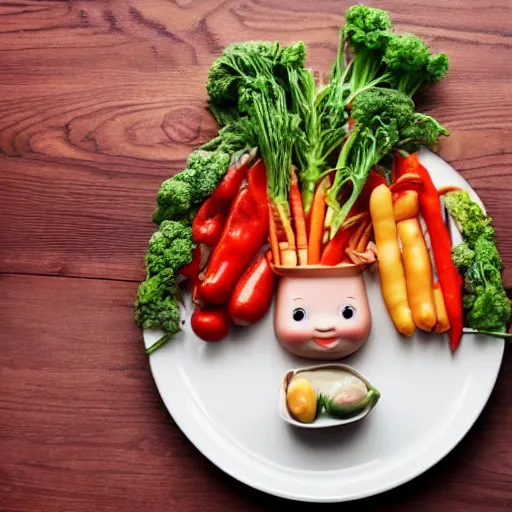 Prompt: a child made of vegetables sits on a plate which is placed on a table inside a restaurant, photo realistic, professional photography