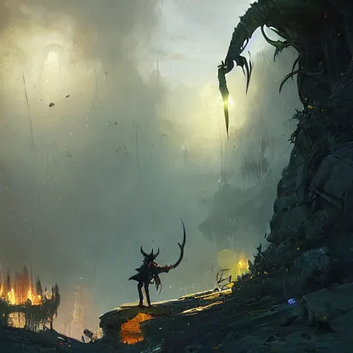 Image similar to goblin attacking an elf from behind, beautiful composition, wide angle, colorful, cinematic, volumetric lighting, intricate details painting, style of greg rutkowski