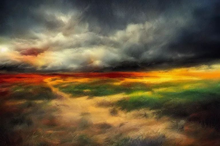 Image similar to amazing landscape painting with moody clouds and unusual colors, random-artist-blend