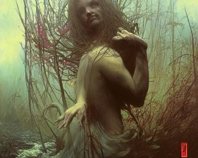 Image similar to the last sight before death by drowning, painted by zdzislaw beksinski and artgerm and greg rutkowski and alphonse mucha and rene laloux