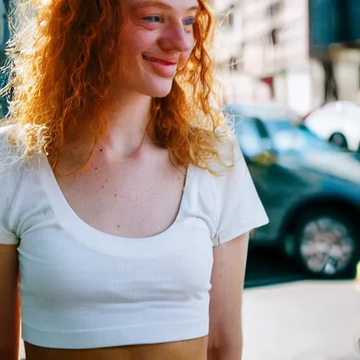 Image similar to Portrait photograph of a Strawberry-Blonde Girl, Young Beautiful Face, Green Eyes, Freckles, Wearing a white crop-top and jeans, with a subtle smile, Humans of New York Style, Leica Camera 50mm lens, street photography, aesthetic canon of proportions, grainy film photo