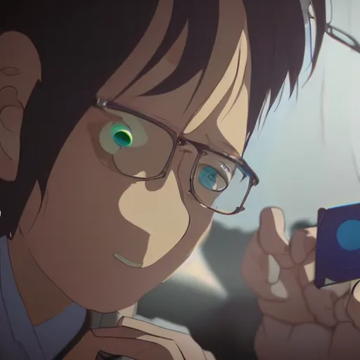 Image similar to A mixed mediart. A rip in spacetime. Did this device in his hand open a portal to another dimension or reality?! extreme close-up by Makoto Shinkai unplanned