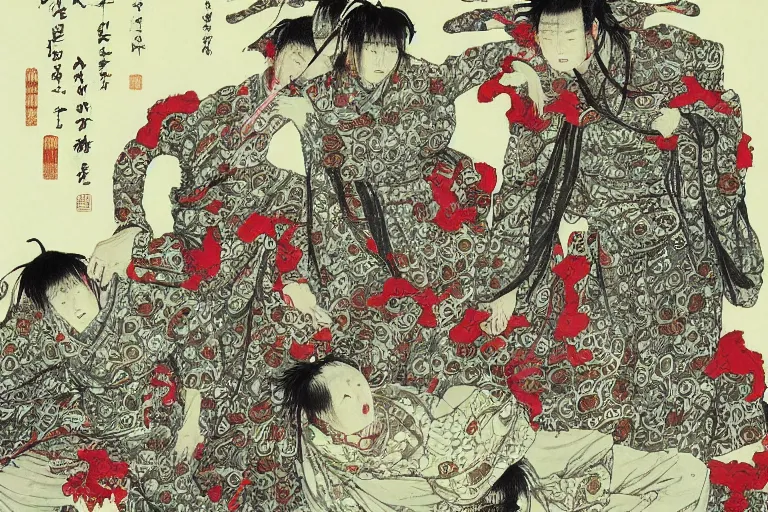 Prompt: zhongyuan festival, chinese ghost festival, the war of the dead, the evil spirits struggling in the tumbling oil pot by takato yamamoto,
