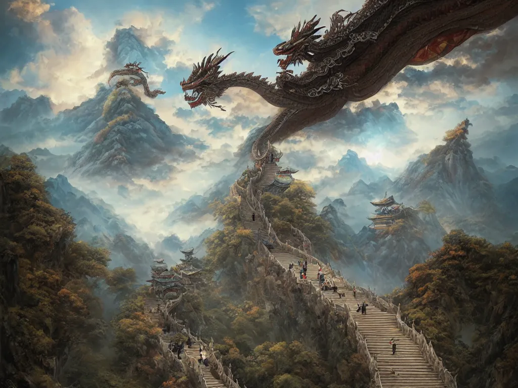 Image similar to a chinese dragon flies among the clouds over a mountain. below a shinto gate tops a stone stairway. by peter mohrbacher and dan mumford and nekro, cgsociety, volumetric light, 3 d render