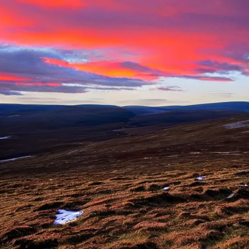 Prompt: Beautiful sunset skyline overlooking the Cairngorm plateau