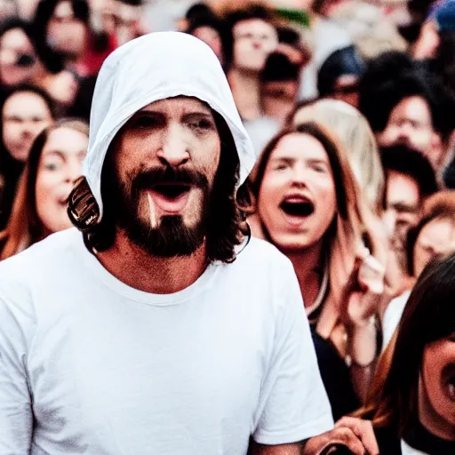 Image similar to Jesus in balaclava mask raving in a huge crowd