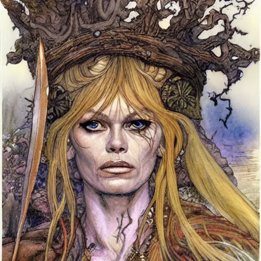 Image similar to a realistic and atmospheric watercolour fantasy character concept art portrait of brigitte bardot as a druidic warrior wizard looking at the camera with an intelligent gaze by rebecca guay, michael kaluta, charles vess and jean moebius giraud