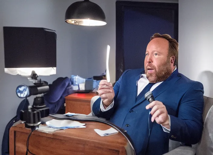 Image similar to dslr photo still of infowars host alex jones in a blue suit fat beard and mustache sitting depressed in a room filled to the ceiling with cell phones, 5 2 mm f 5. 6