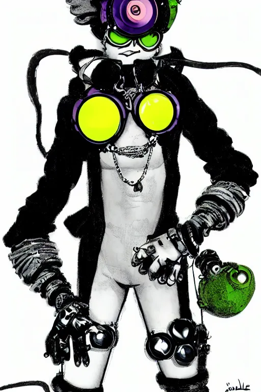 Prompt: cybergoth guy wearing goggles and eccentric jewelry by jamie hewlett, jamie hewlett art, full body character concept art,