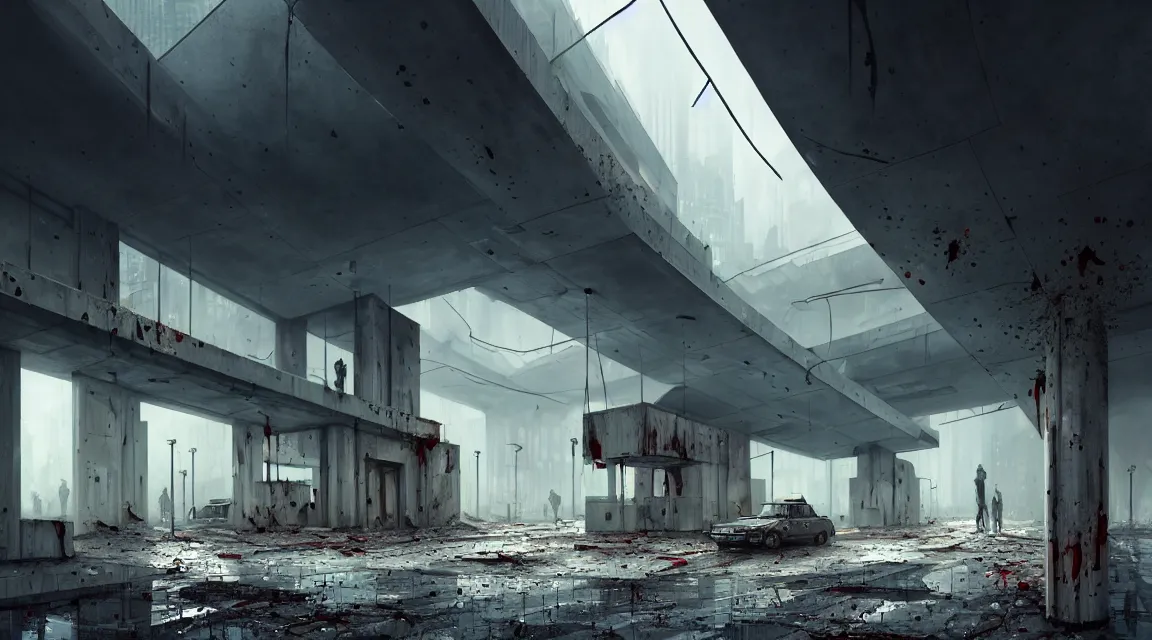 Image similar to post apocalyptic police station, building, avenue, extremely detailed, sharp focus, modern architecture, contemporary architecture, americana architecture, concrete architecture, tar roads, by pascal blanche, greg rutkowski, shaddy safadi, neil blevins, trending on artstation, high quality, photorealistic, wild vegetation, blood stains on walls, 4 k resolution blade runner