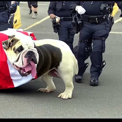Image similar to giant english bulldog with police escort at parade, live footage, 4 k