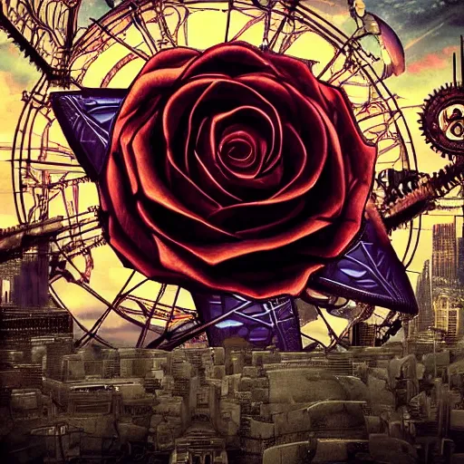 Image similar to giant mechanical rose, city, steampunk, fantasy art, sky in the background, detailed, behrens style