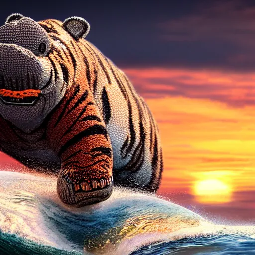 Image similar to a closeup photorealistic photograph of a smiling knitted tiger hippopotamus riding a large wave during sunset. surf in the background. professional capture. brightly lit scene. this 4 k hd image is trending on artstation, featured on behance, well - rendered, extra crisp, features intricate detail, epic composition and the style of unreal engine.