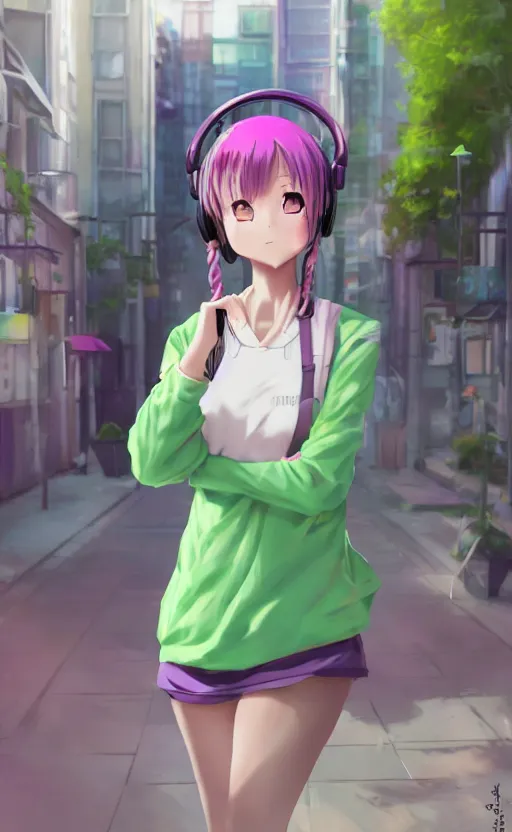 Image similar to anime girl with pink ponytail, wearing purple headphones, wearing a green sweater, with a smile on her face and her eyes closed, walking down a street, dynamic lighting, photorealistic fantasy concept art, trending on art station, very detailed, anime concept art, stunning visuals, creative, cinematic, ultra detailed