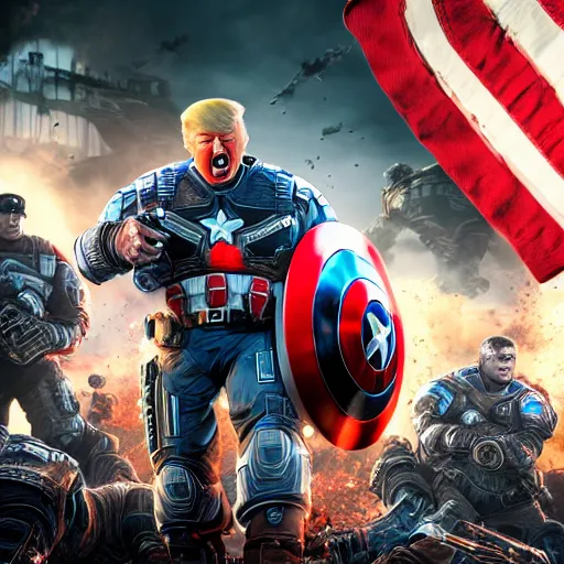 Image similar to Donald Trump as ((captain america)) in Gears of War, patriotic, splash art, movie still, cinematic lighting, dramatic, octane render, long lens, shallow depth of field, bokeh, anamorphic lens flare, 8k, hyper detailed, 35mm film grain